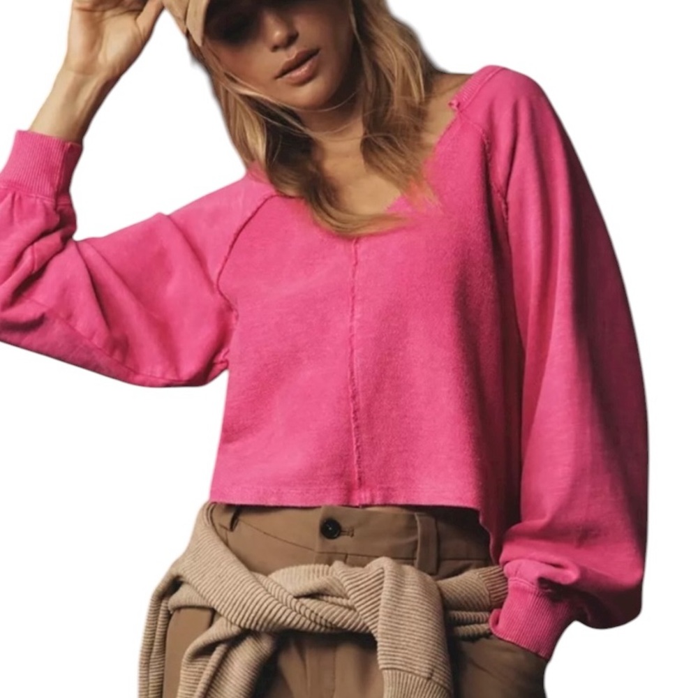 NWT Anthropologie Pilcro Hot Pink Reworked Popover Cropped Sweatshirt - L